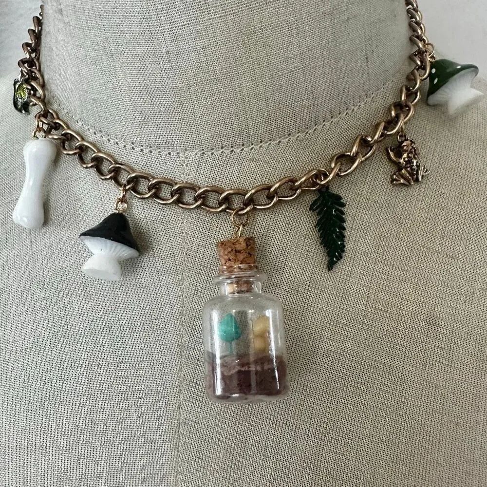 Whimsical Charm Choker Necklace Cottagecore Fairycore Frog Mushroom Terrarium